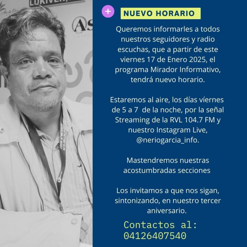 Programa Mirador Informativo tendrá nuevo horario, ahora será los viernes de 5 a 7 de la noche, por la señal de la RVL 104.7&nbsp;FM